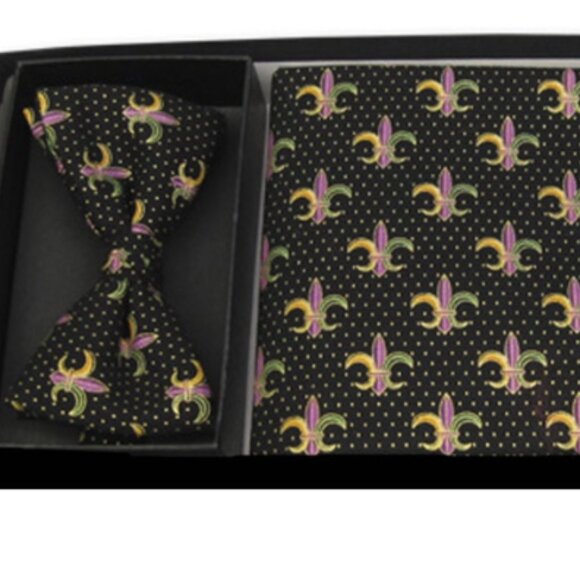 Mardi Gras FLEUR DE LIS W/ GOLD PIN DOT CUMMERBUND & BOW TIE SET - Picture 1 of 1